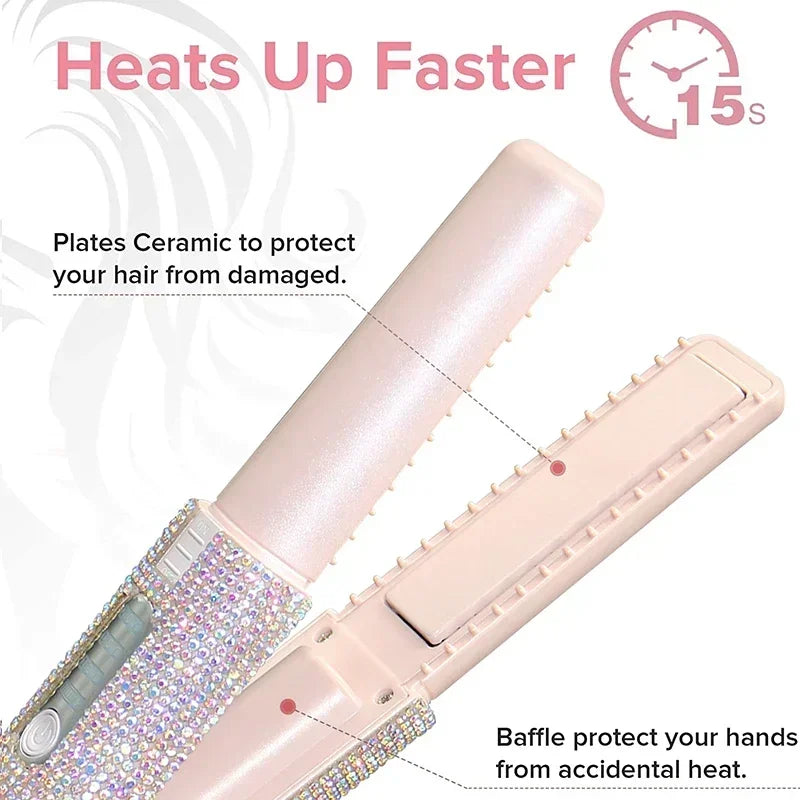 Pink hair straightener with rhinestone accents on a white background, highlighting features like quick heating time and ceramic plates.